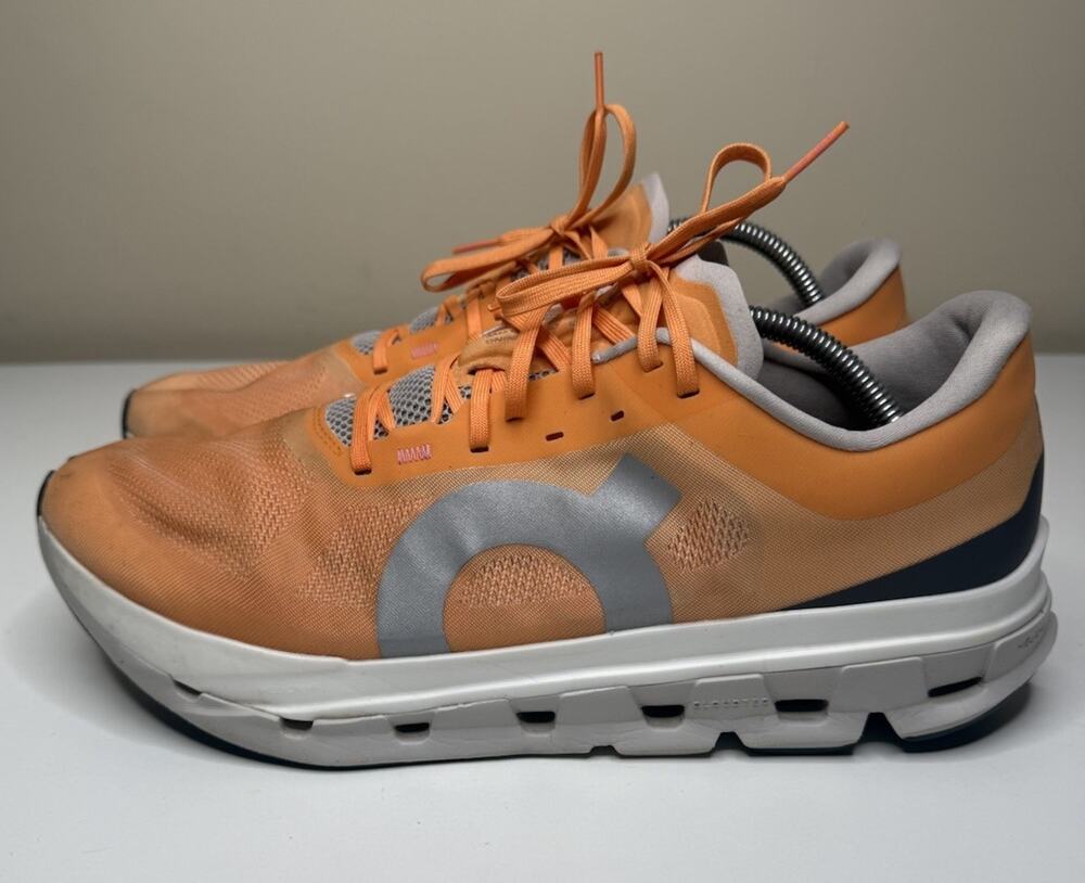 ON Cloudflow 5 Running Shoe Mens 12 Tangerine Silver Mesh Low Reflective Shoe